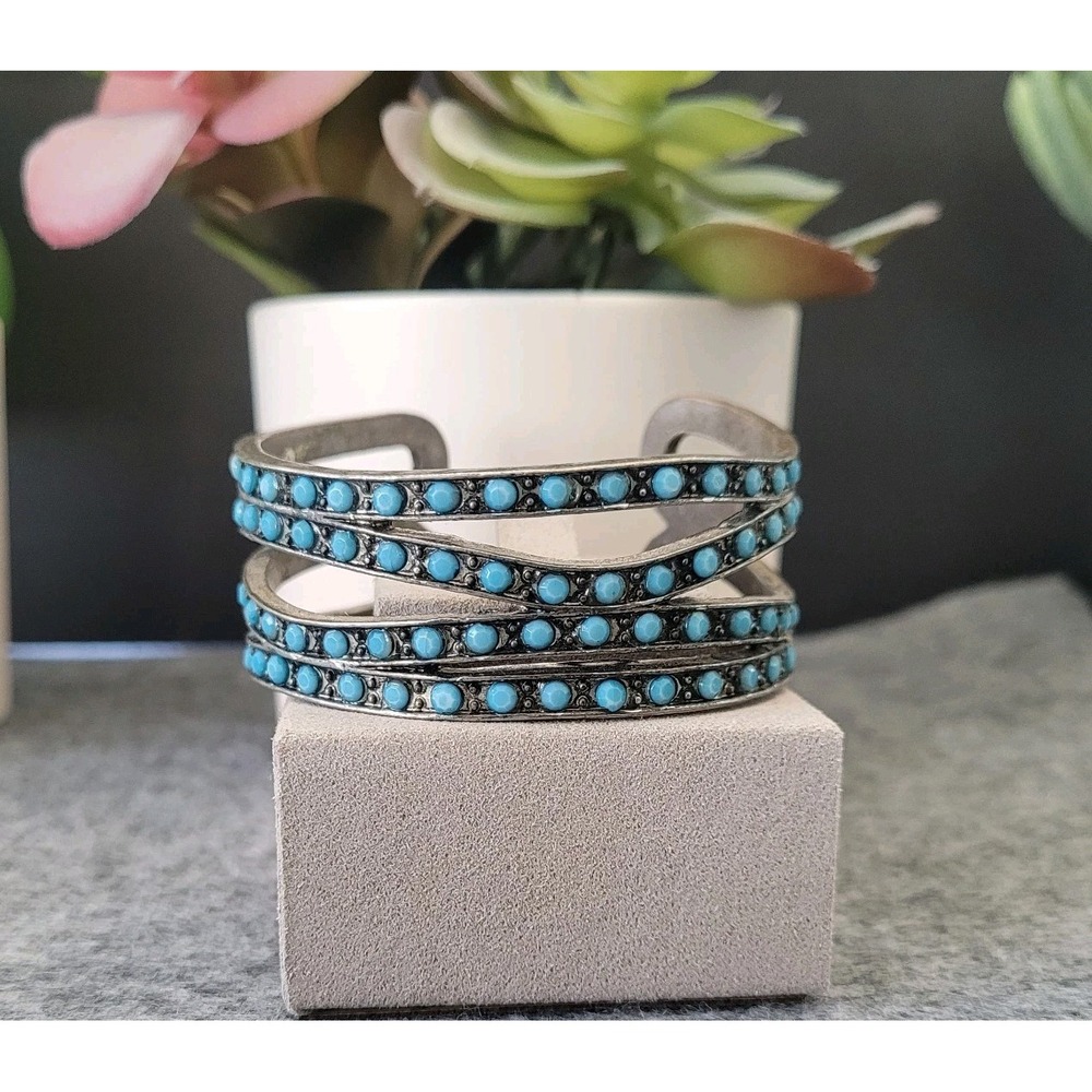 Southwestern Snake Eye Style Turquoise Color Openwork Cuff Bracelet 6.25in